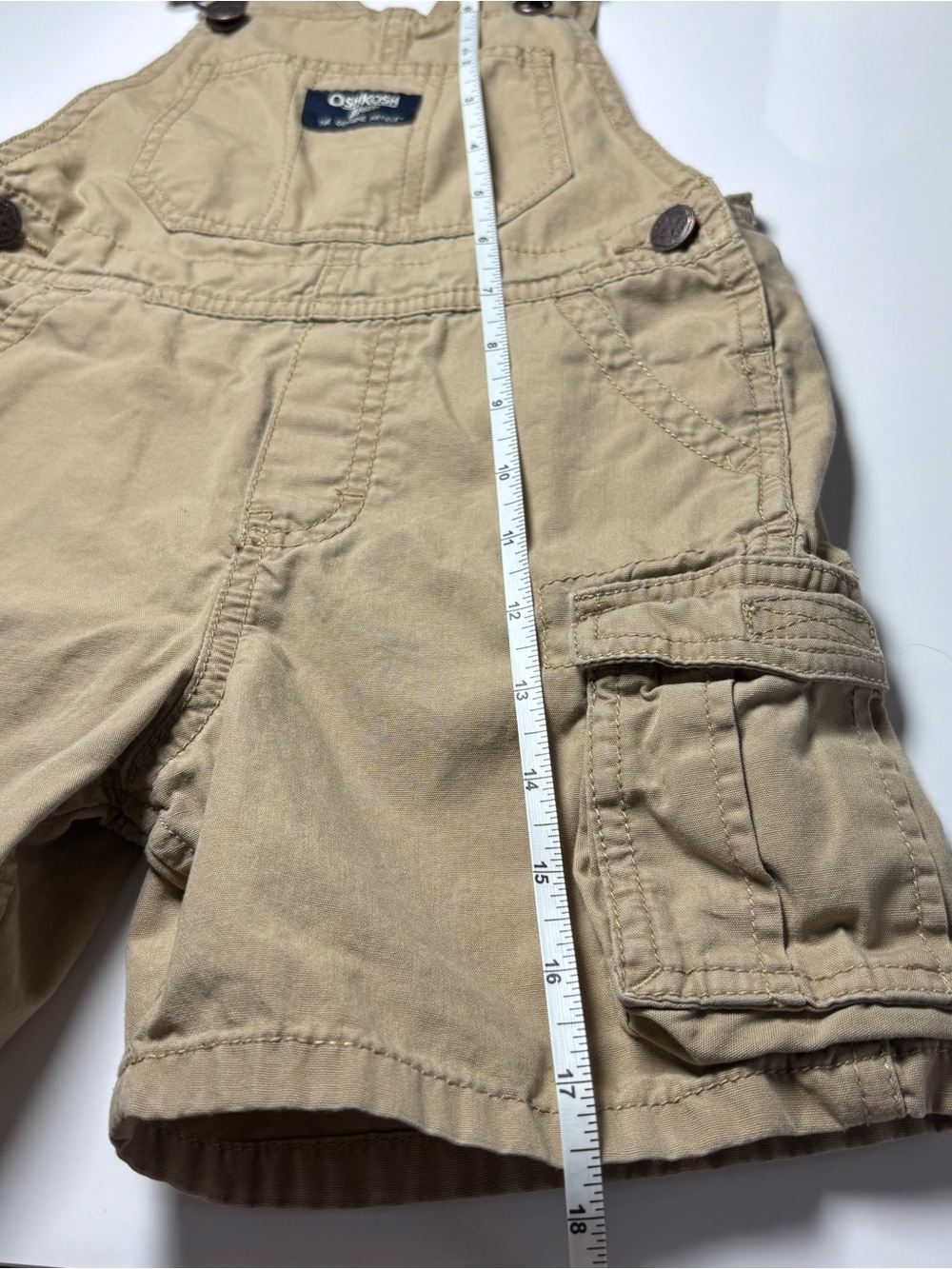 OshKosh B'gosh Toddler Boys Khaki Canvas Cargo Shortall Overalls 3T Summer - Picture 9 of 9